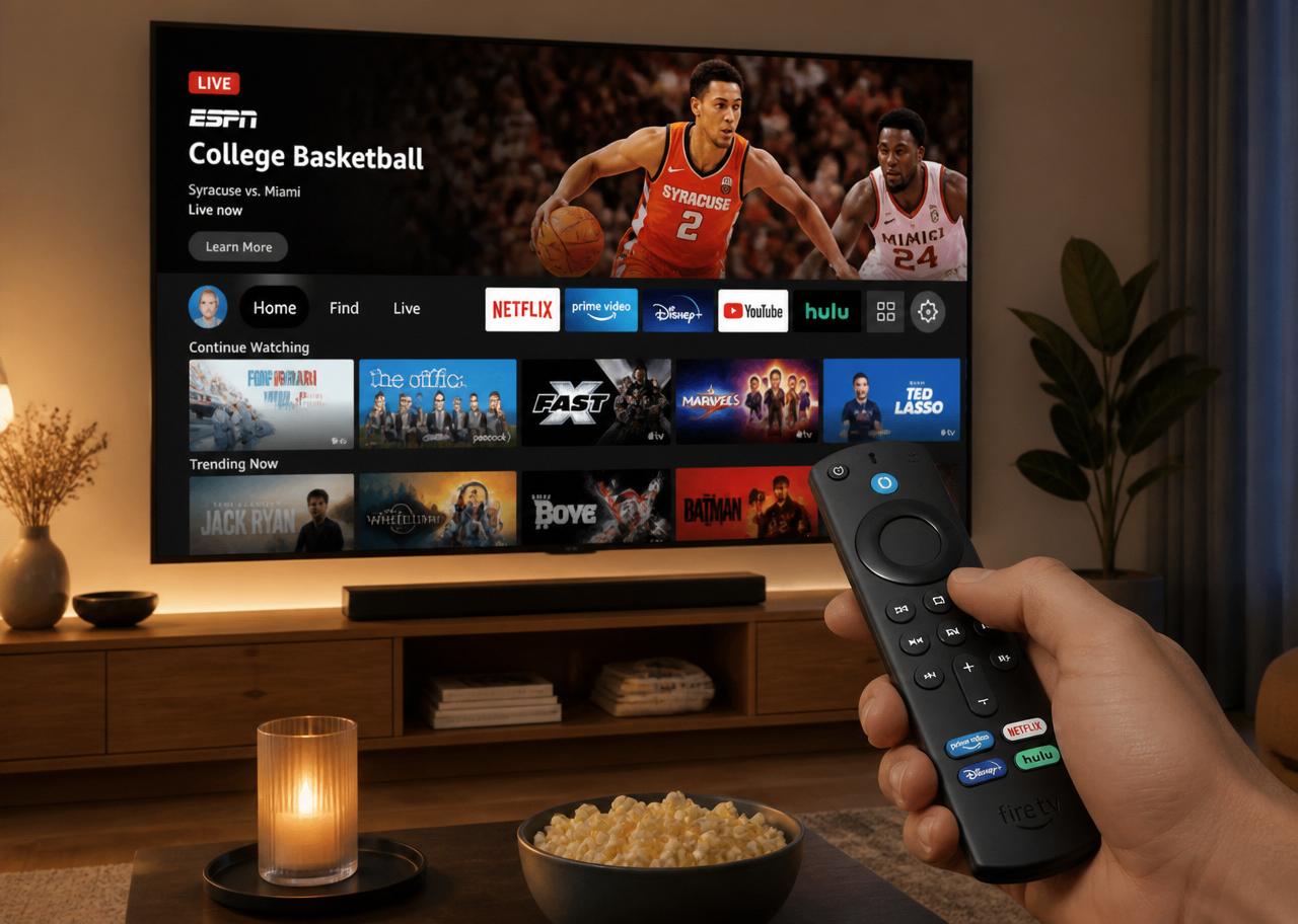 Hand holding a streaming remote pointing at a smart TV playing a crisp live channel